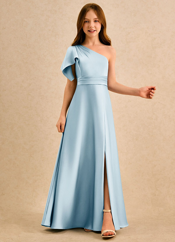 Azazie Jazzy Girls Formal Flower Girl Dresses Sky Blue A-Line One Shoulder Stretch Satin Dress image1