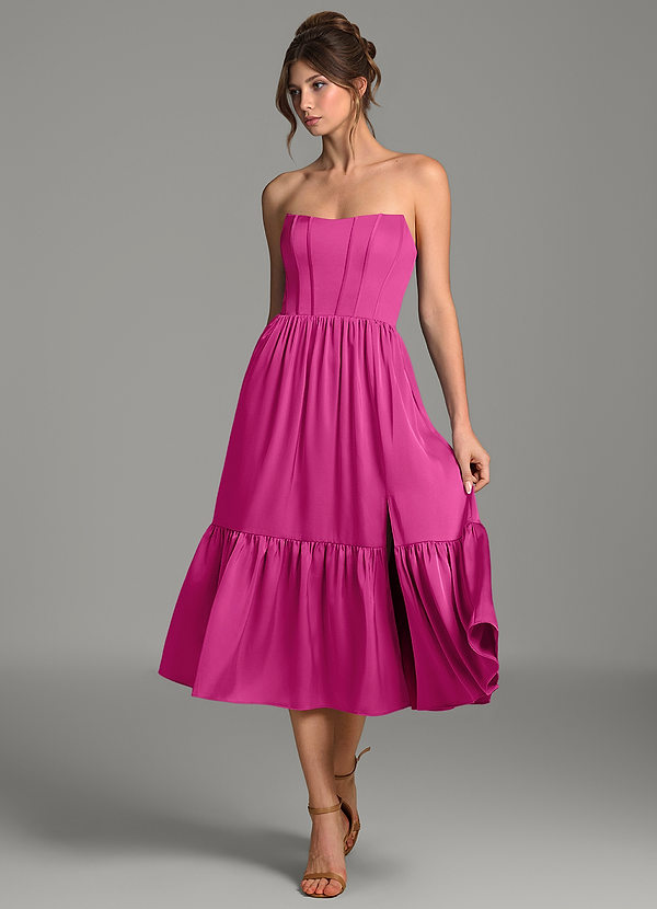 Delphina Vestidos de dama de honor Vestido Fucsia de Satén Elástico de Línea A Convertible con Corsé image1