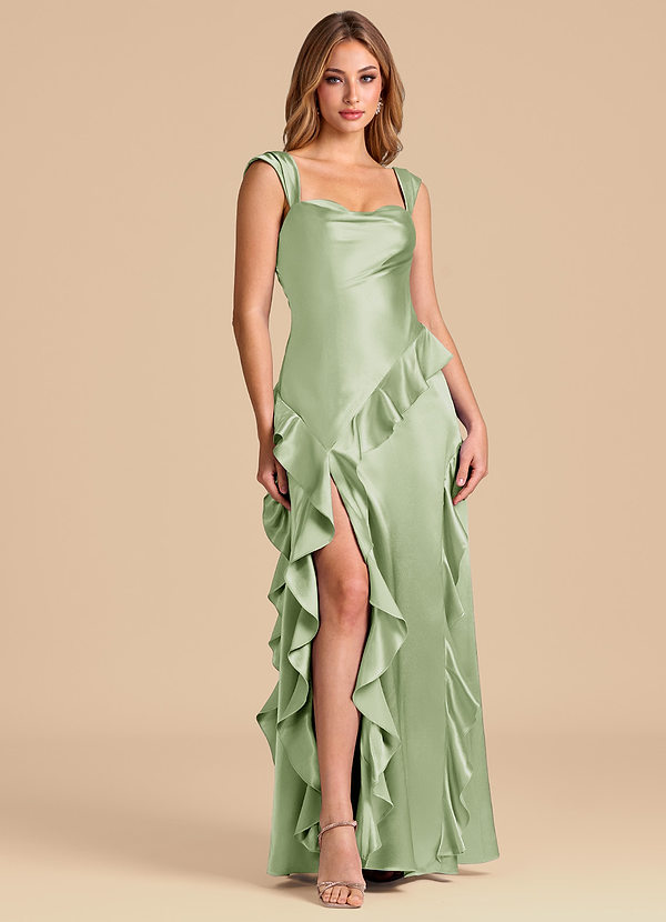 Azazie Sloane 신부 들러리 드레스 A라인 스윗하트 네크라인 메탈릭 새틴 바닥 길이 드레스 image1