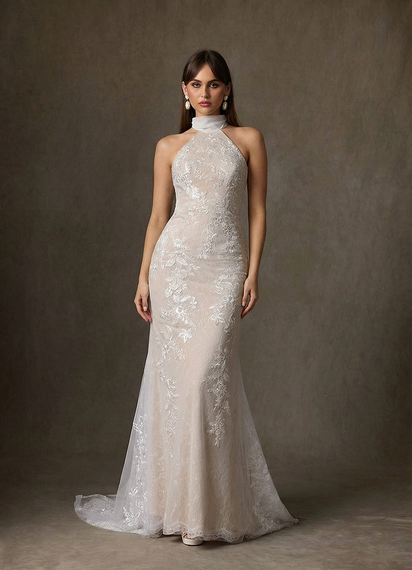 Azazie Kaiyana Suknie ślubne Osłona Wysoka Kołnierz Sznurówka Pociąg Kapliczny Sukienka image1