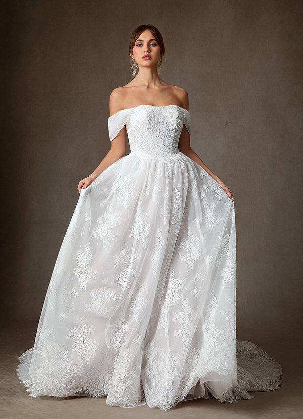 Azazie Justice Wedding Dresses Diamond White Ball-Gown Off the Shoulder Lace Dress image1
