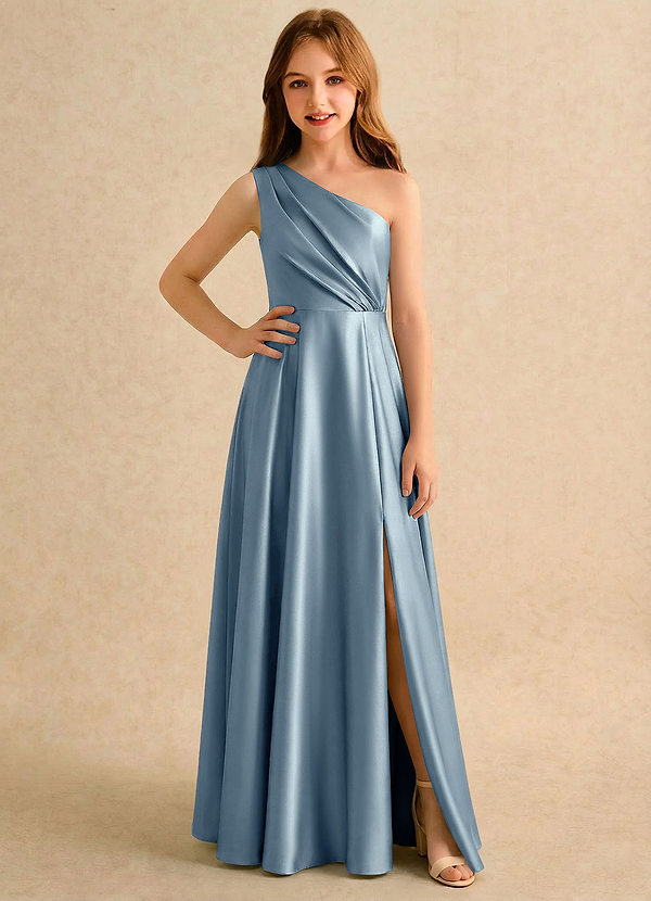 Azazie Puddles Junior Formal Flower Girl Dresses Dusty Blue A-Line One Shoulder Stretch Satin Dress image1