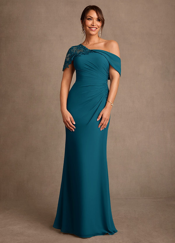 Azazie Sally Vestidos de Madre de la Novia Vestido de Azul Tinta de Gasa de Corte Recto con Encaje image1