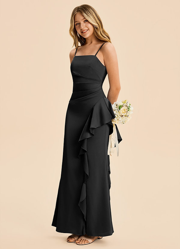 Azazie Lyla Junior Black Mermaid Pleated Stretch Satin Dress image1