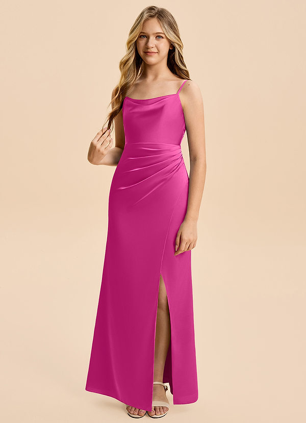 Azazie Christen Junior Fuchsia Sheath Pleated Stretch Satin Dress image1
