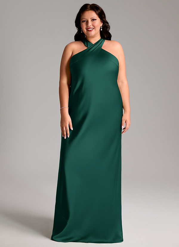 Azazie Doretta Bridesmaid Dresses Emerald Mermaid Pleated Stretch Satin Dress image1