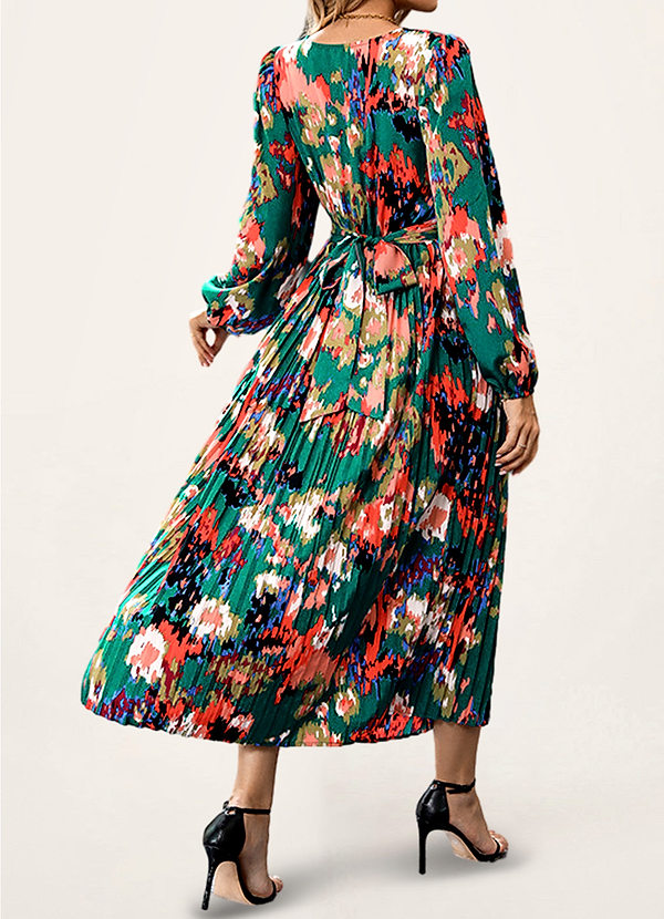 back Vevay Dark Emerald Floral Print Long Sleeve Midi Dress