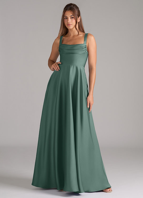 Azazie Shaude Bridesmaid Dresses Eucalyptus A-Line Pleated Stretch Satin Dress image1