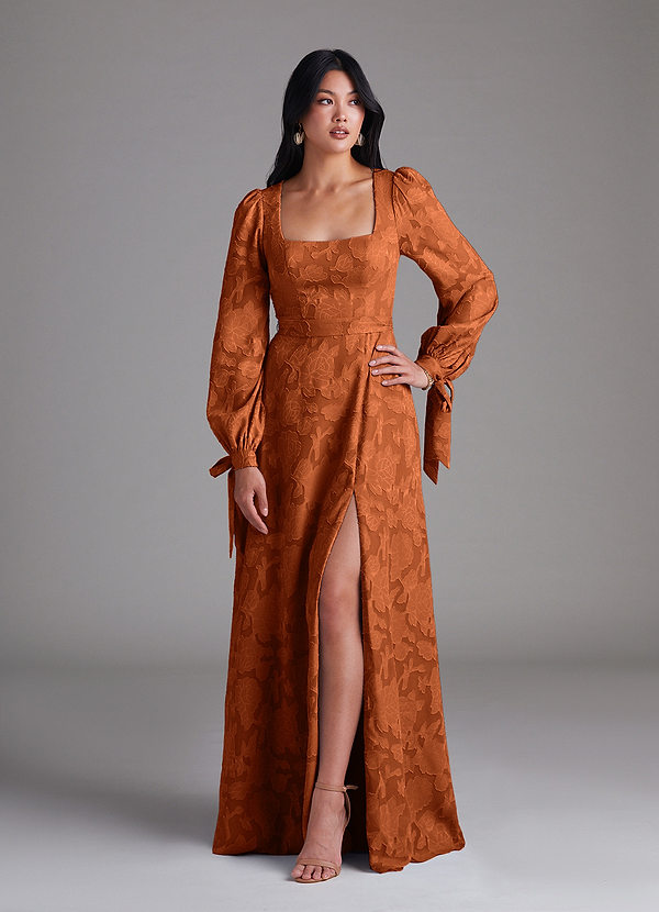 Azazie Leonia Bridesmaid Dresses Burnt Orange A-Line Long Sleeve Floral Burnout Dress image1