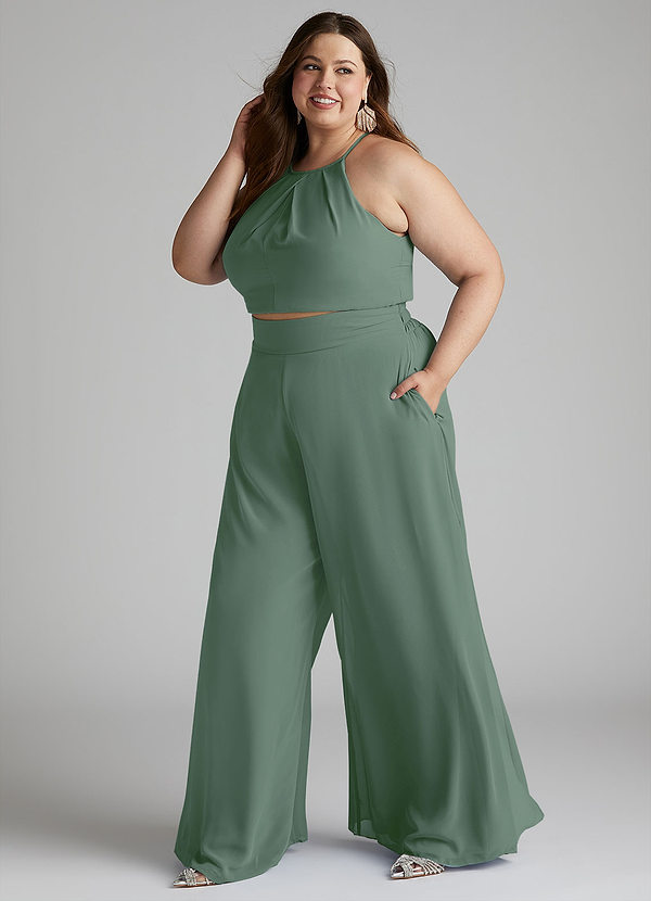 Azazie Kenzi Bridesmaid Dresses Eucalyptus Pleated Chiffon Jumpsuit image1