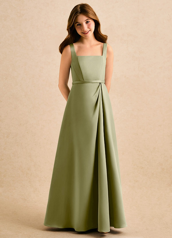 Azazie Emiko Girls Formal Abiti da Damigella Bambina Abito A-Line in Raso Opaco Plissettato Verde Muschio image1