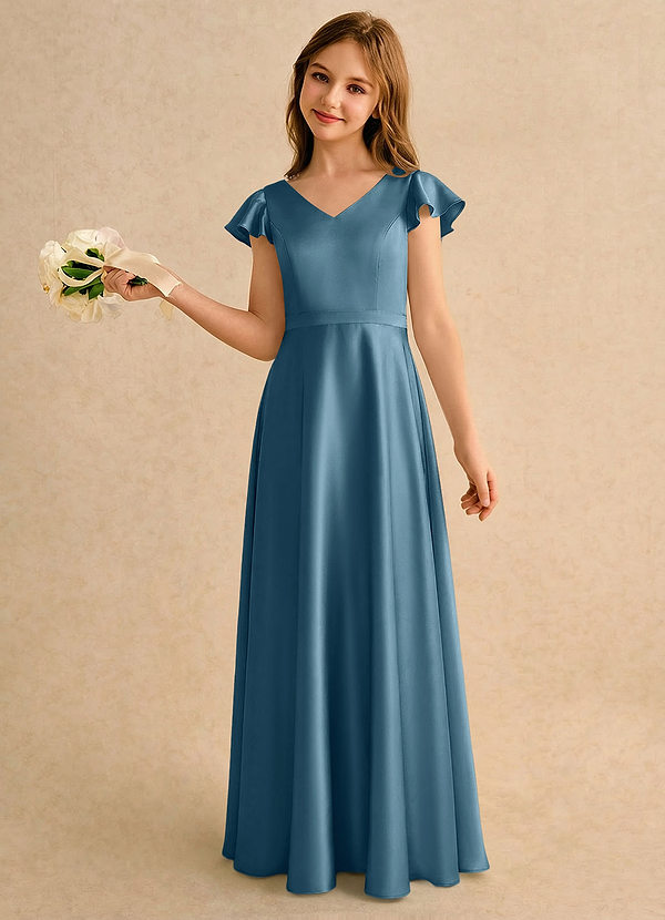 Azazie Nari Girls Formal Blomsterpigekjoler A-Line med ærmer Stræk satin Gulv-længde Kjole image1