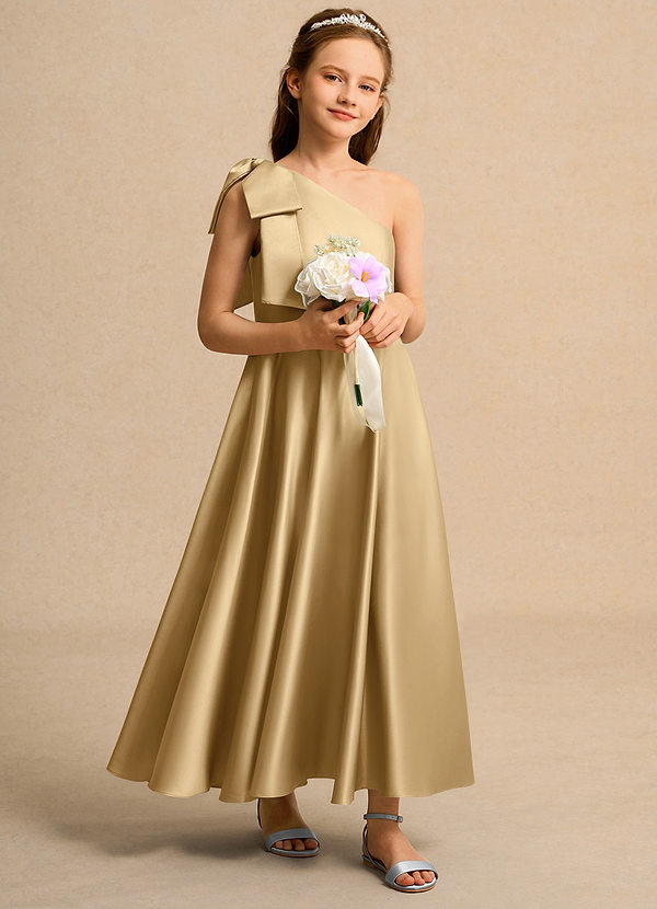 Azazie Guppy Girls Formal Robes de Fillette d'Honneur Robe Trapèze en Mat Satiné Une épaule Or image1