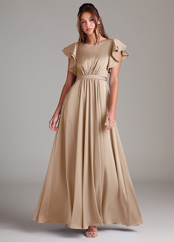 Azazie Daphne Modest Bridesmaid Dresses A-Line Ruched Stretch Satin Floor-Length Dress image1
