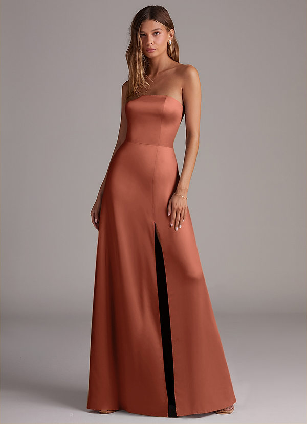 Azazie Wren Robes Demoiselle d'honneur Robe Trapèze Convertible en Satin extensible Sans bretelles Argile image1