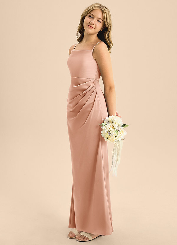 Azazie Renna Junior Rose Gold A-Line Pleated Stretch Satin Dress image1