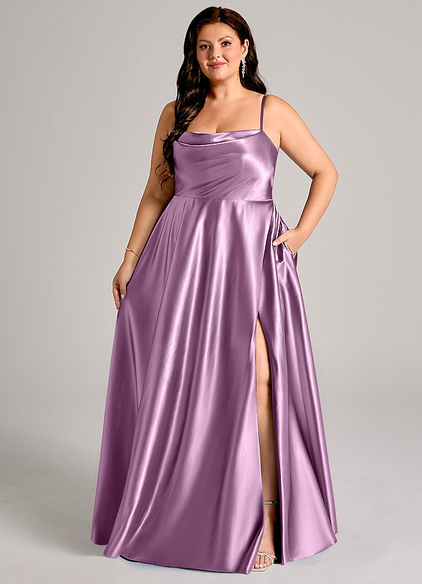 Azazie Elle Bridesmaid Dresses Wisteria A-Line with Pockets Metallic Satin Dress image1