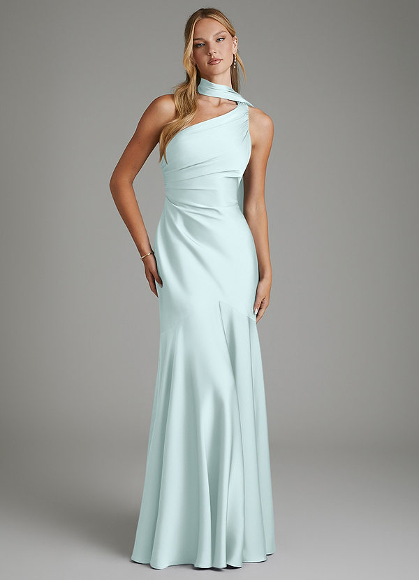 Azazie Amara Bridesmaid Dresses Sea Glass Mermaid One Shoulder Stretch Satin Dress image1