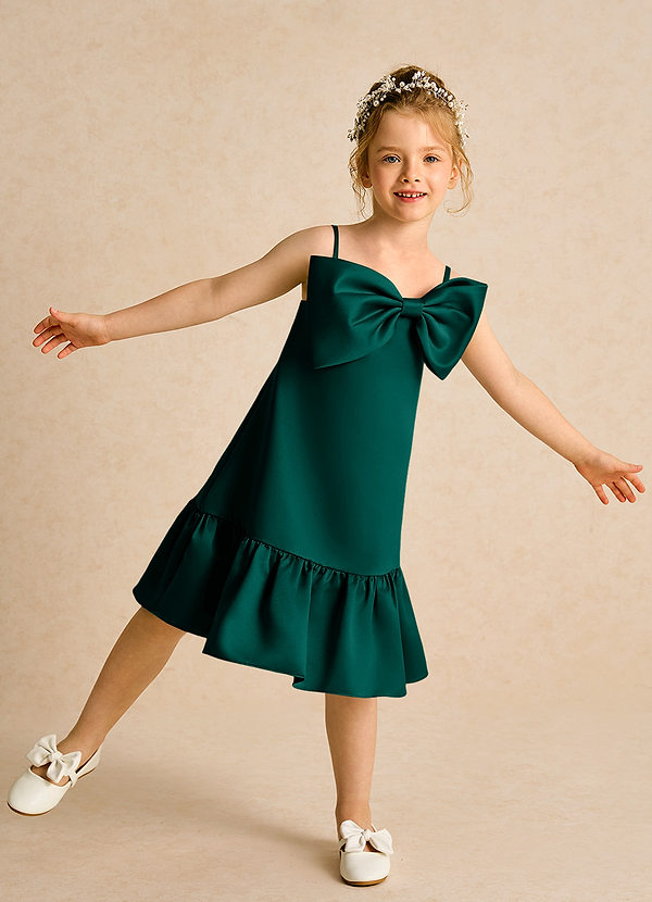 Azazie Kiwi Robes de Fillette d'Honneur Robe Trapèze en Mat Satiné Bretelle Spaghetti Vert Pin image1
