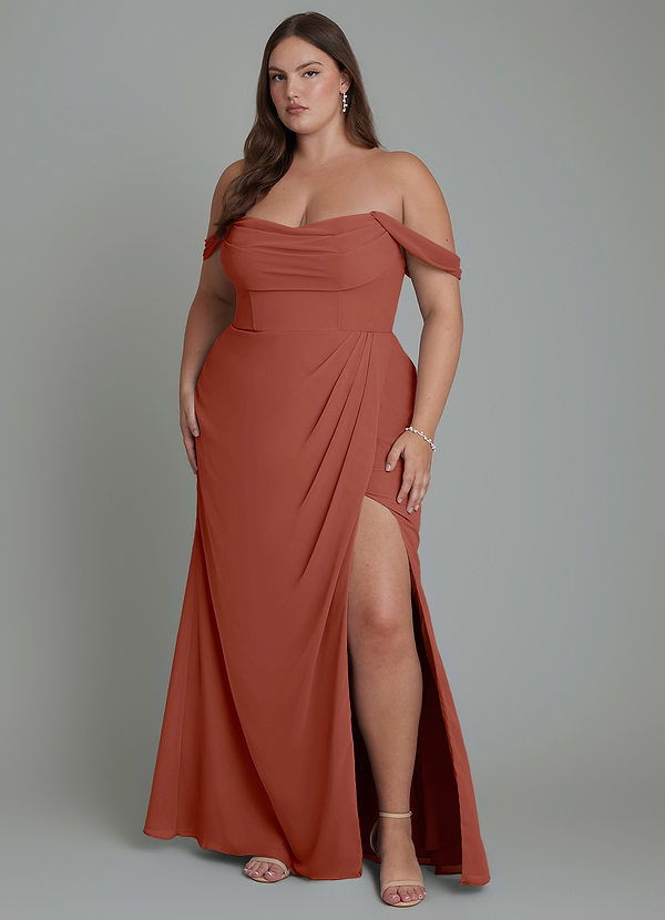 Azazie Johana Bruidsmeisjesjurken Converteerbaar Jurk van Chiffon met Zeemeermin Off-shoulder Kastanjebruin image1