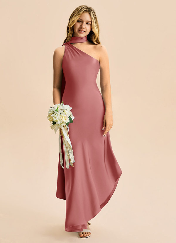 Azazie Briony Junior Vestido Rosa Antiga de Cetim elástico de Bainha com Plissado image1