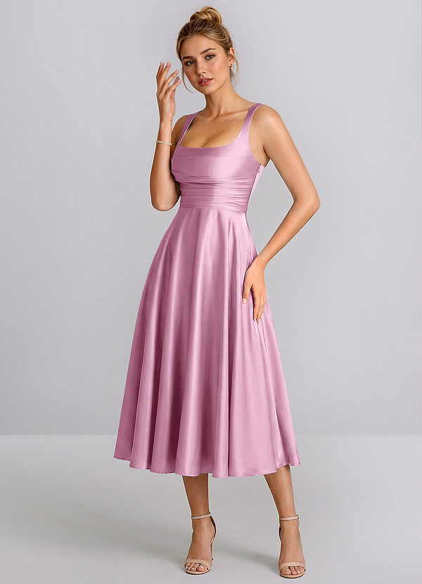 Ines Candy Pink Square Neck Satin Lace-Up A-Line Midi Dress image1