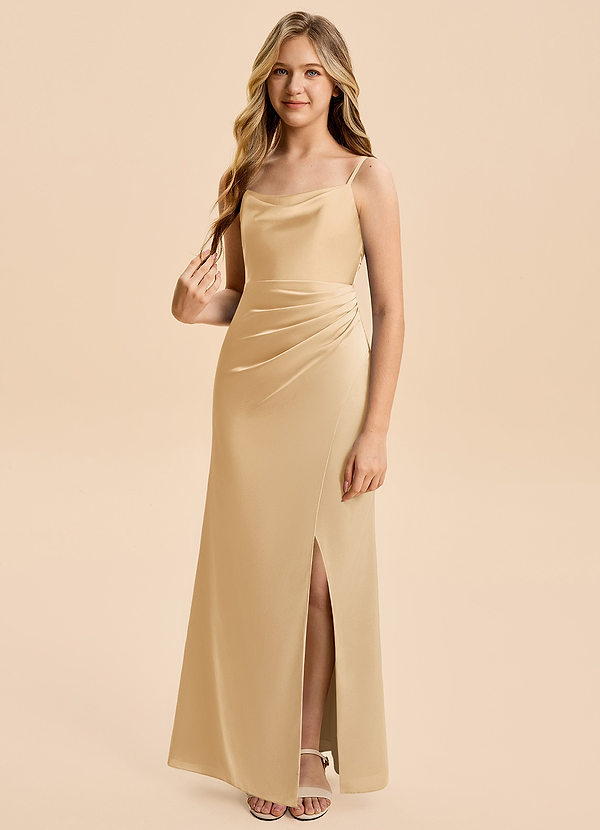 Azazie Christen Junior Gold A-Line Pleated Stretch Satin Dress image1