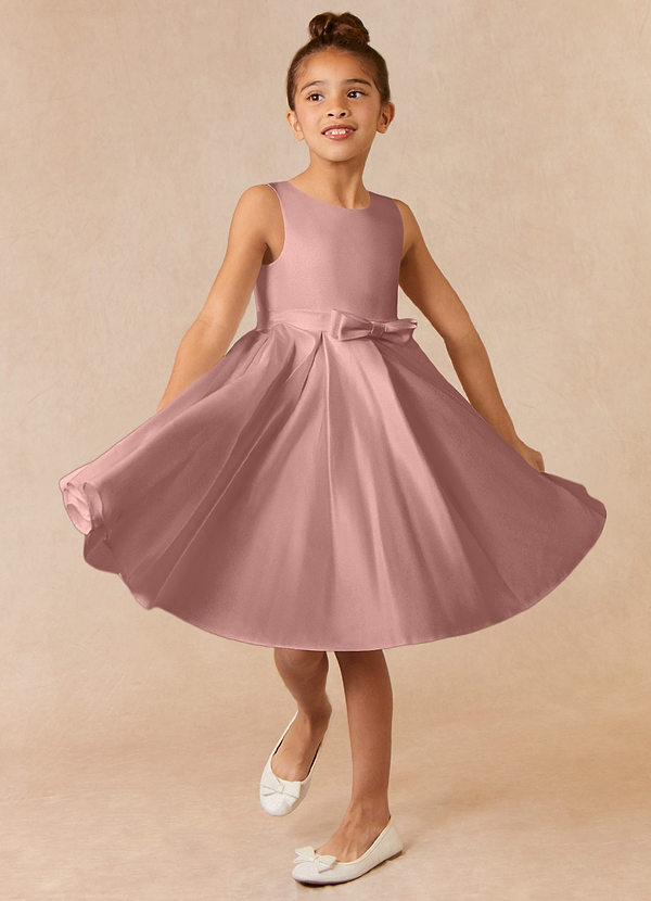 Azazie Coco Blumenkinder Kleider A-Linie Schleifen Matte Satin Kleid Roségold image1
