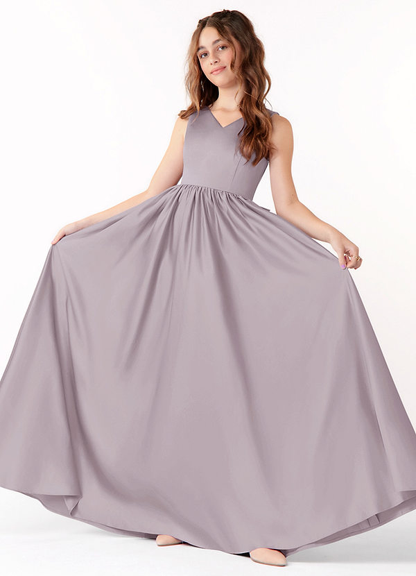 Azazie Hathaway Junior A-Linie Schleifen Matte Satin Kleid Dämmerung image1