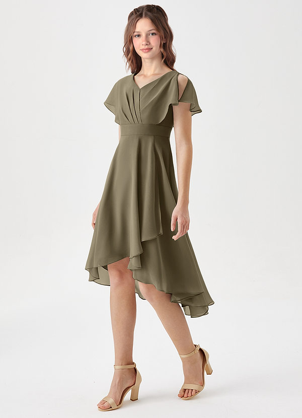 Azazie Graciela Junior Robe Trapèze en Mousseline de soie Plissée Vert Saule image1