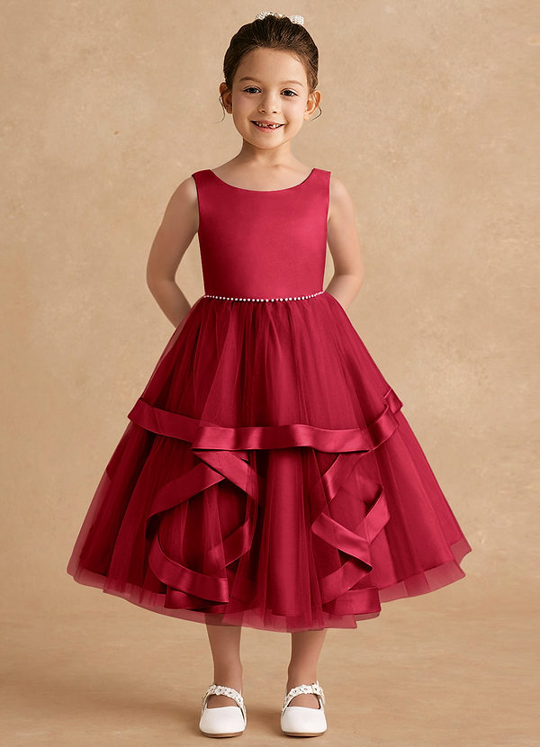 Azazie Posy Blumenkinder Kleider A-Linie Mit Perlen Tüll Kleid Scharlachrot image1