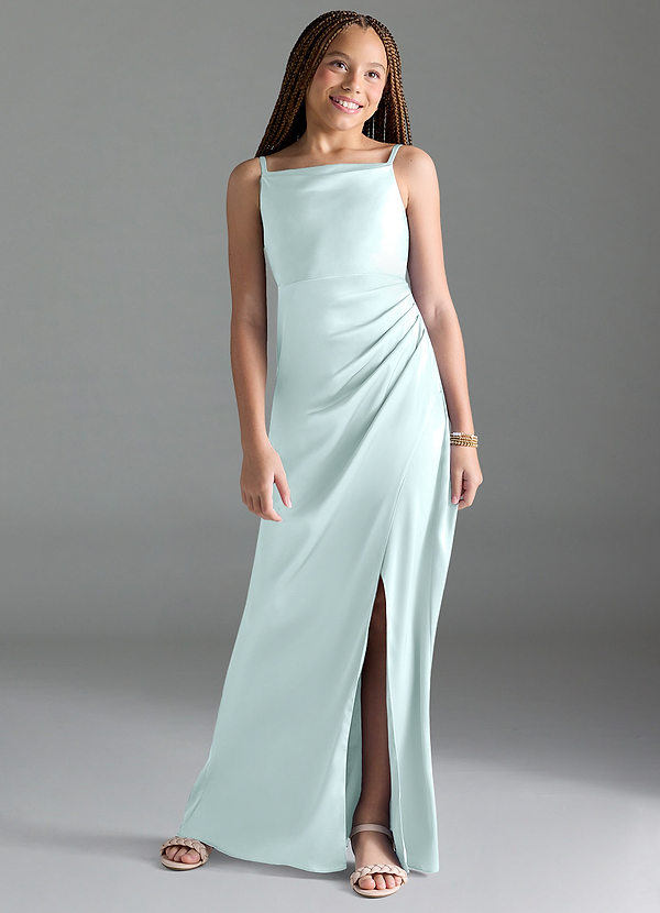 Azazie Leonis Junior Robe Trapèze en Satin extensible Plissée Verre De Mer image1