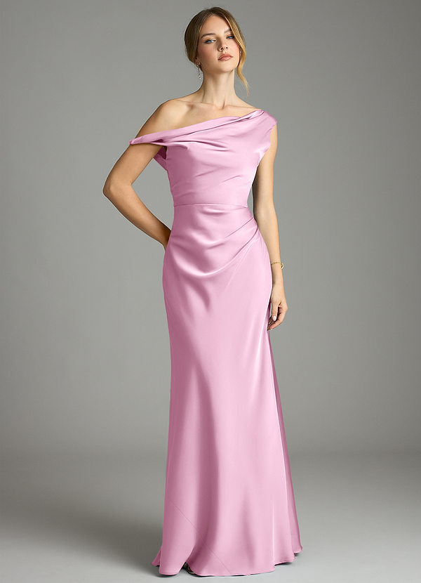 Azazie Emerson Bridesmaid Dresses Candy Pink Mermaid Off the Shoulder Stretch Satin Dress image1
