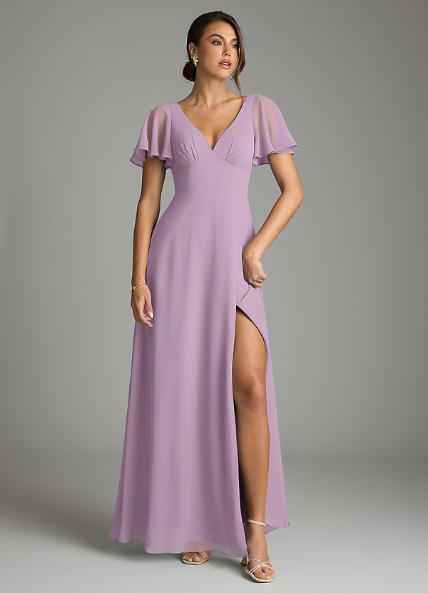 Azazie Kimber Bridesmaid Dresses Wisteria A-Line Flounce Sleeve Chiffon Dress image1