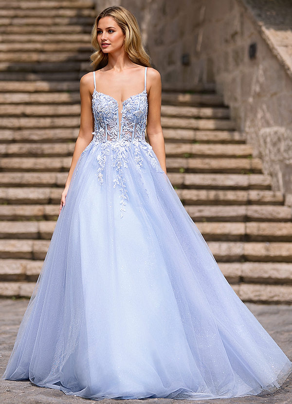 Beadwork Blue Princess Tulle Prom Dress image1