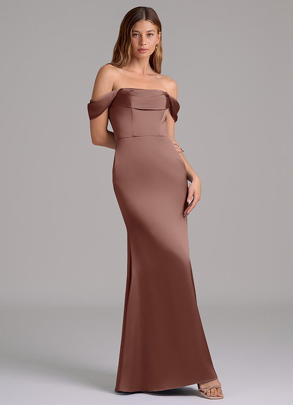 Azazie Miley 신부 들러리 드레스 인어 오프 더 숄더 스트레치 새틴 바닥 길이 드레스 image1