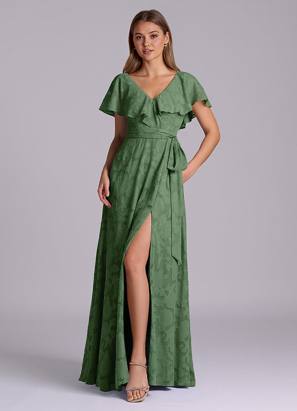 Azazie Lainey Bridesmaid Dresses Eucalyptus A-Line with Pockets Floral Burnout Dress image1
