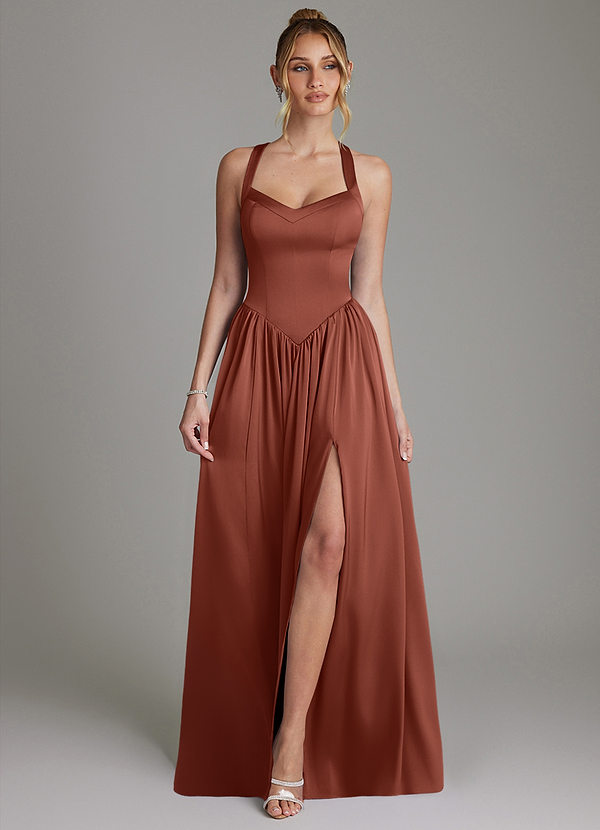 Azazie Francis Bridesmaid Dresses Auburn A-Line Corset Stretch Satin Dress image1