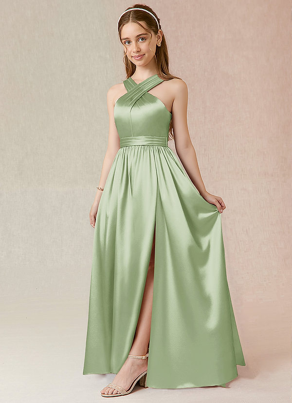 Azazie Jiya Junior Robe Trapèze en Satiné métallisé Plissée Vert Sauge image1