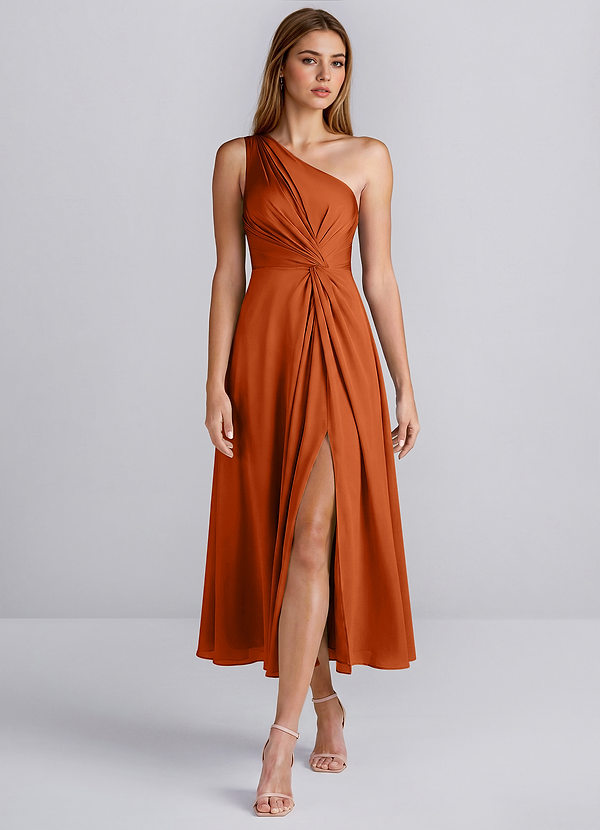 Hermine Rouille Robe midi asymétrique fendue en satin image1