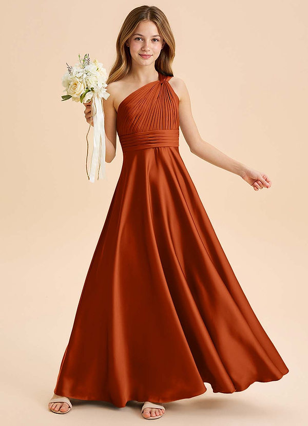 Azazie Charlize Junior Jurk van Stretch Satijn met A-Lijn Geplooid Verbrande Sinaasappel image1