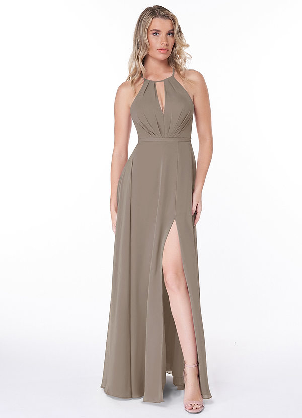 Azazie Evalleen Robes Demoiselle d'honneur Robe Trapèze en Mousseline de soie Plissée Taupe image1