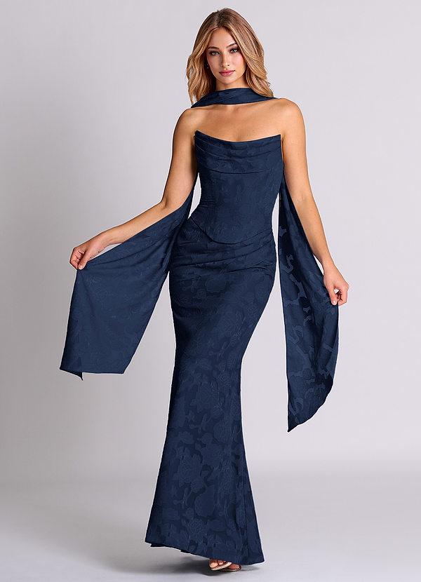 Azazie Sorrel Bridesmaid Dresses Dark Navy Mermaid Corset Floral Burnout Convertible Dress image1
