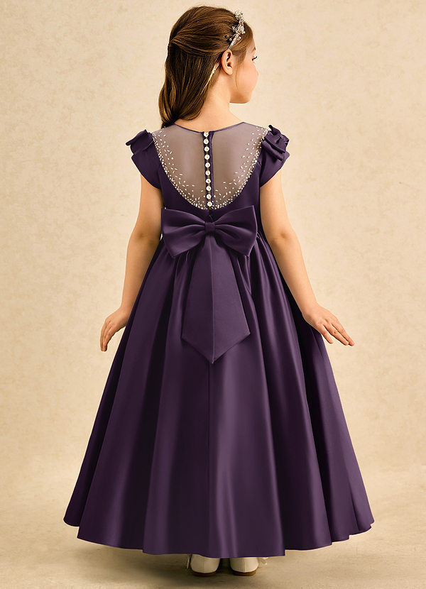 Azazie Toffee Abiti da Damigella Bambina Abito Stile Principessa in Raso Opaco Fiocco Prugna image1