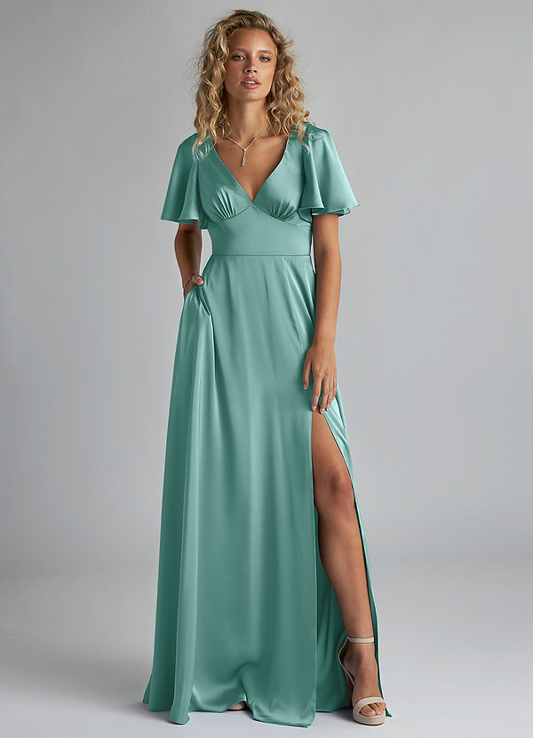 Azazie Kimber Bridesmaid Dresses Aqua A-Line Ruched Stretch Satin Dress image1