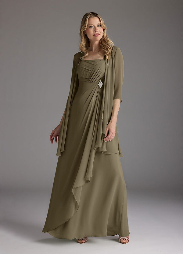 Azazie Weisz Vestidos de Madre de la Novia Vestido de Verde Sauce de Gasa de Corte En A con Cuello cuadrado plisado image1