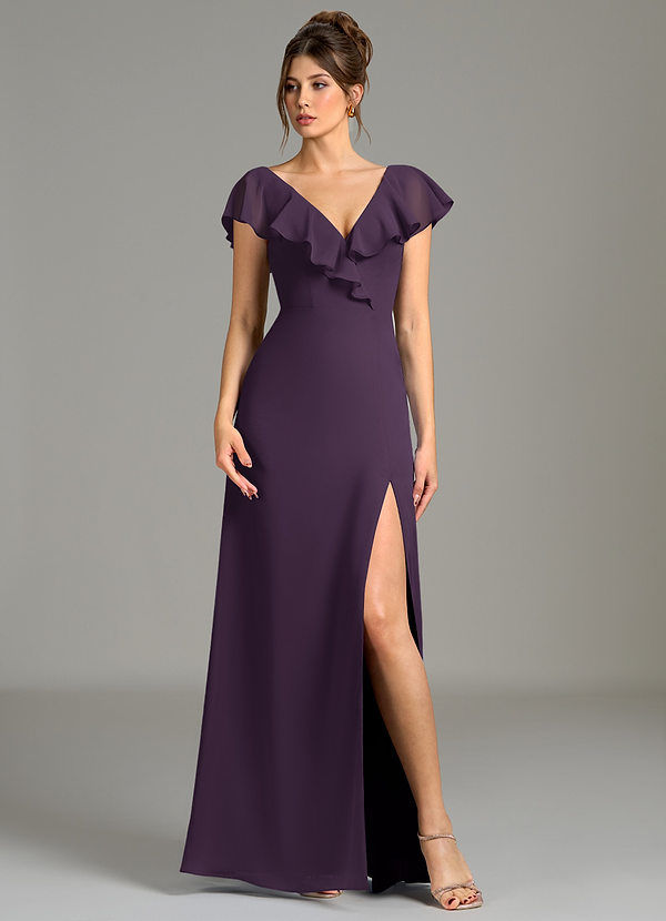 Azazie Kimmy Bridesmaid Dresses Plum A-Line Ruched Chiffon Dress image1