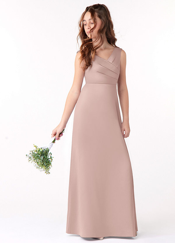 Azazie Sadia A-Line Pleated Matte Satin Floor-Length Junior Bridesmaid Dress image1
