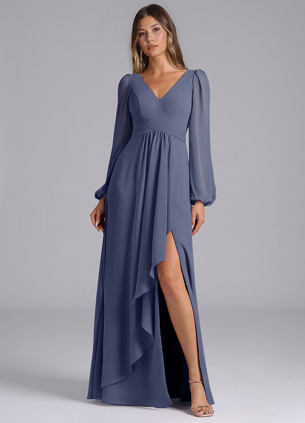Azazie Liah Robes de demoiselle d'honneur Robe Trapèze en Mousseline de soie Manches longues Bleu Orageux image1