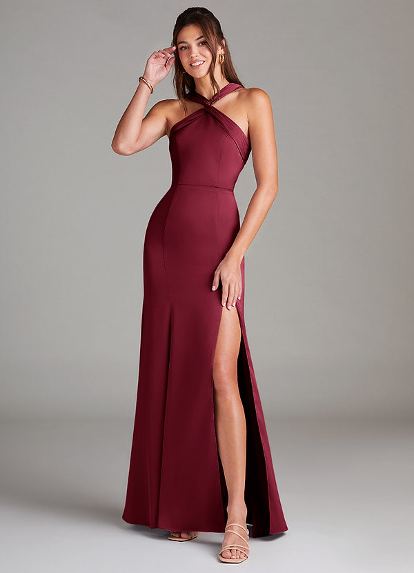 Azazie Rue Bridesmaid Dresses Burgundy Mermaid Pleated Stretch Satin Dress image1
